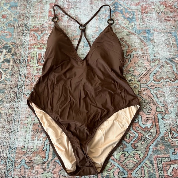 J. Crew O-Ring V-Neck One Piece Swimsuit Size 22 NWT Brown - Picture 4 of 9